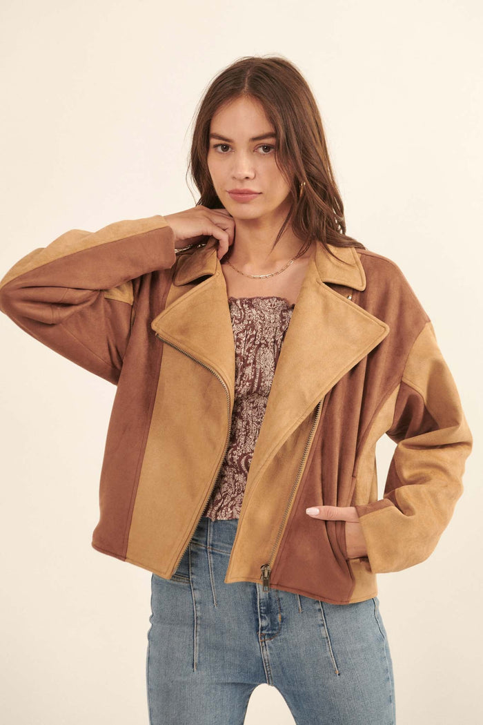 Canyon Road Colorblock Vegan Suede Moto Jacket - ShopPromesa