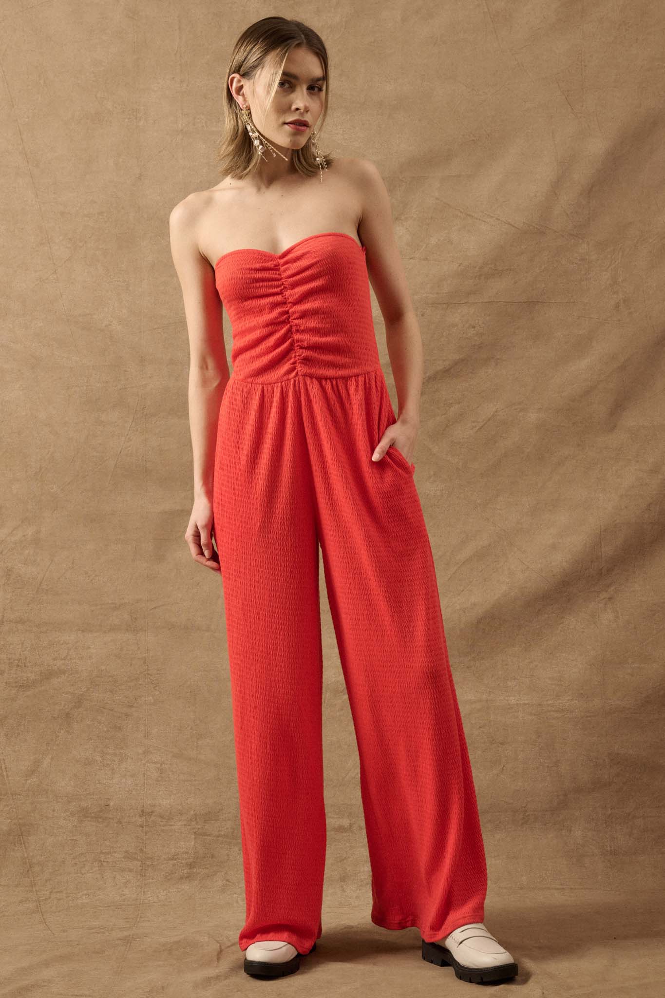 Smocked Jersey Wide-Leg Strapless Tube Jumpsuit - ShopPromesa