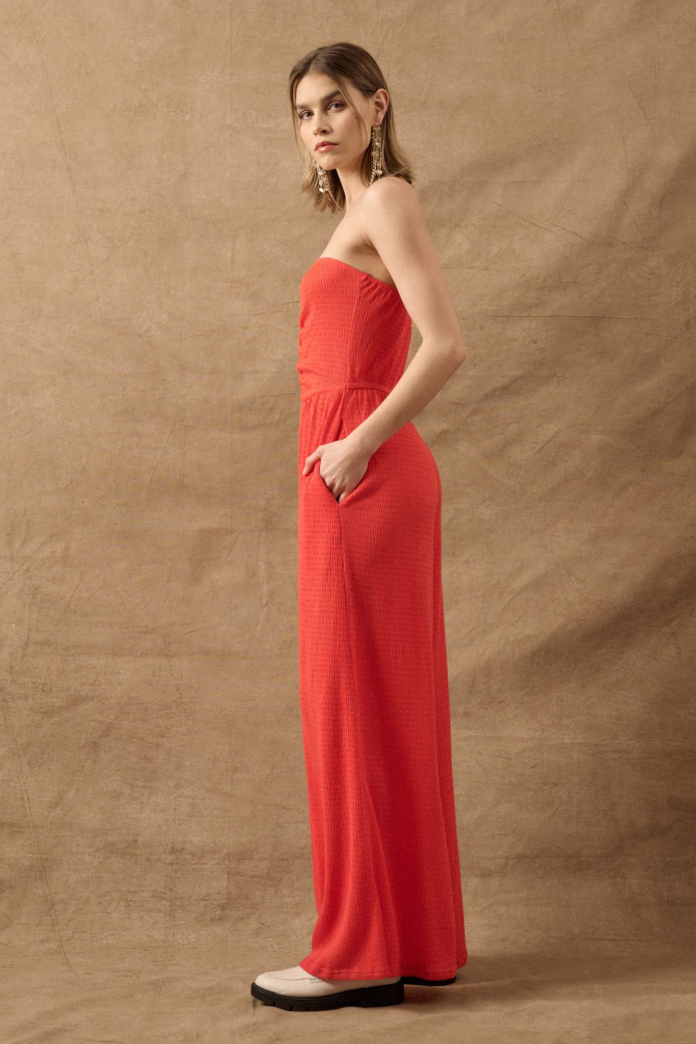 Smocked Jersey Wide-Leg Strapless Tube Jumpsuit - ShopPromesa