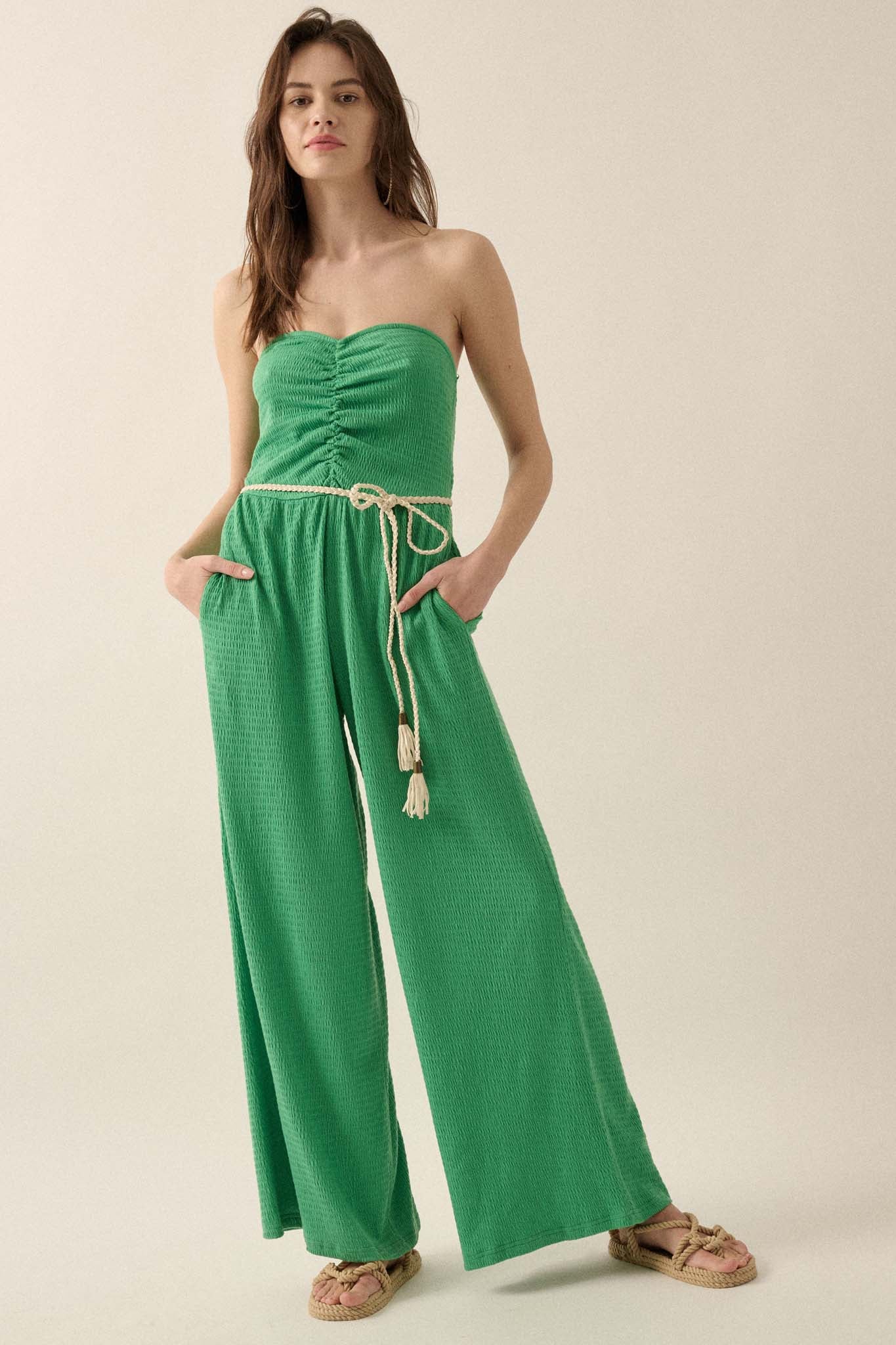 Smocked Jersey Wide-Leg Strapless Tube Jumpsuit - ShopPromesa