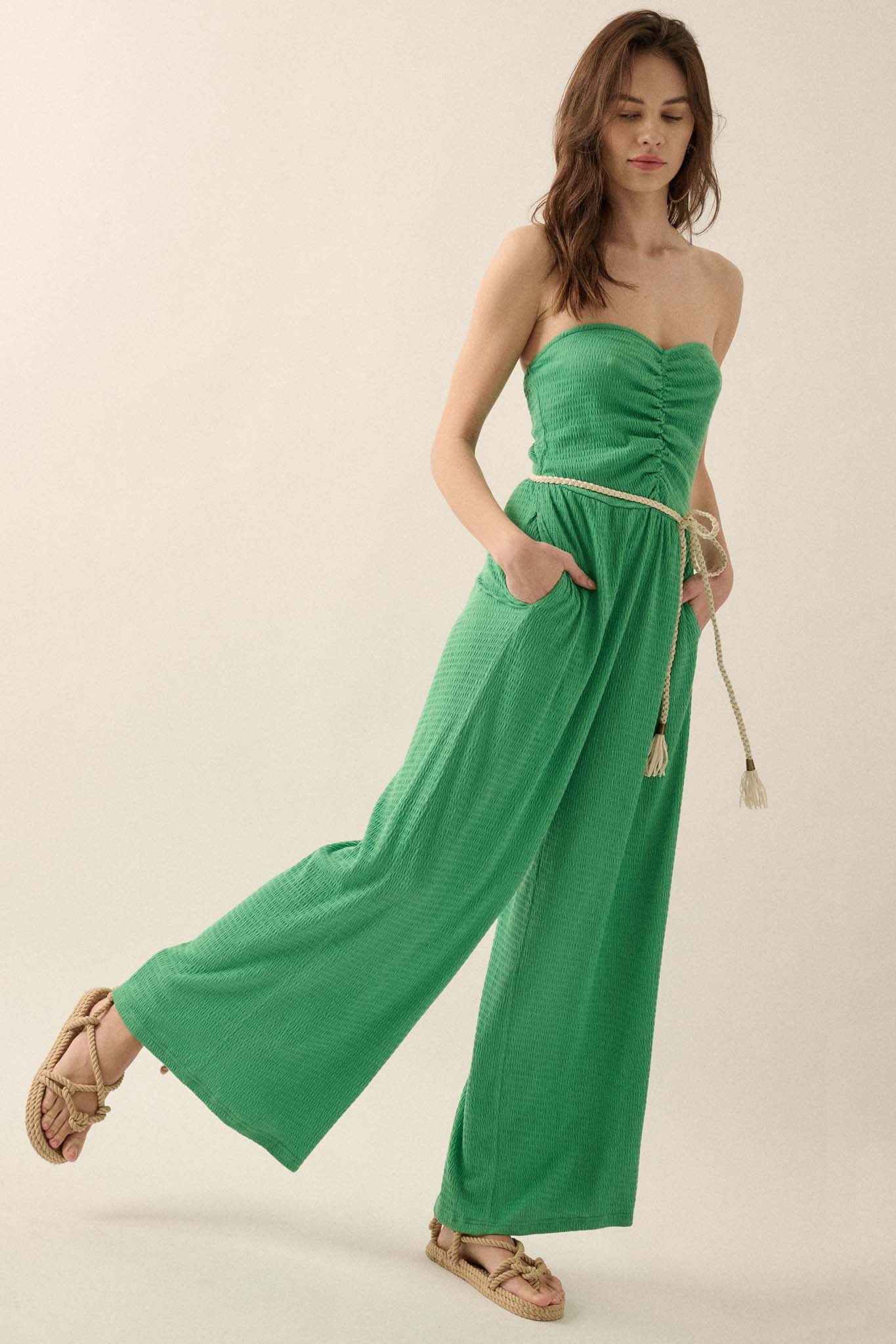 Smocked Jersey Wide-Leg Strapless Tube Jumpsuit - ShopPromesa