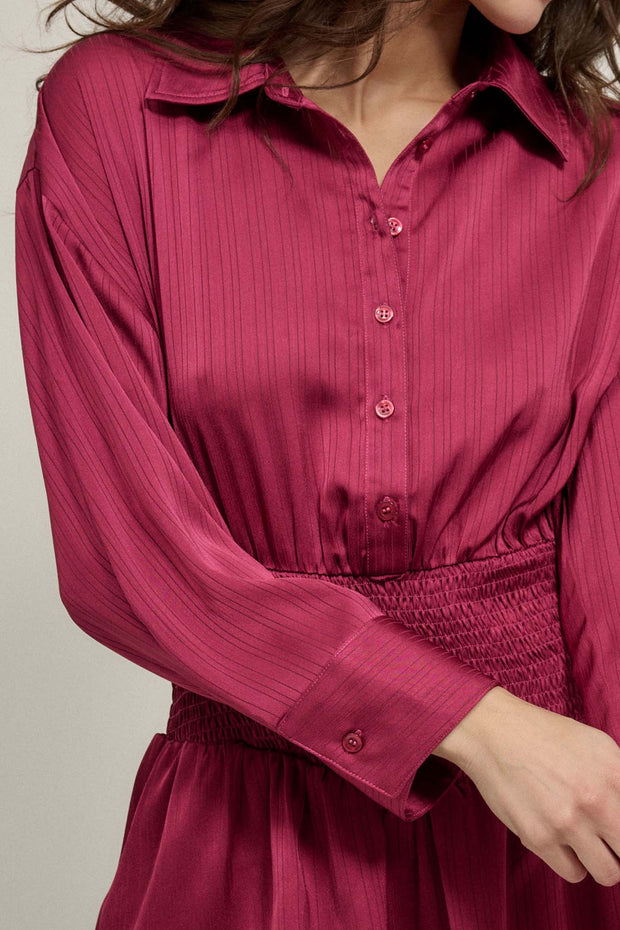 Silky Sensation Striped Satin Smocked Shirt Romper - ShopPromesa