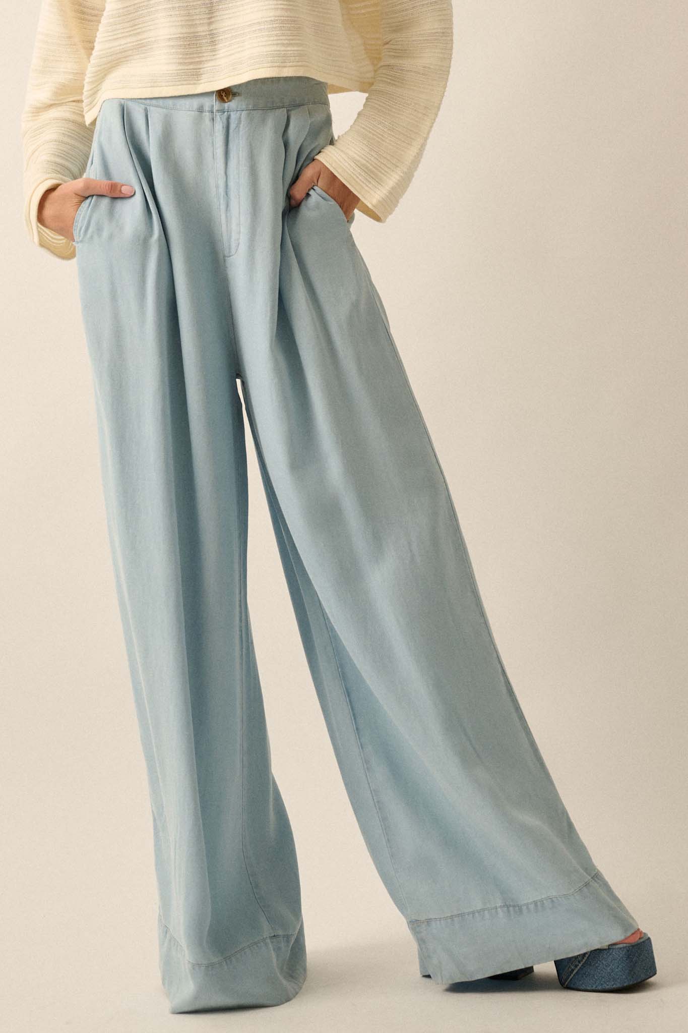 Out of the Blue Pleated Denim Wide-Leg Pants - ShopPromesa