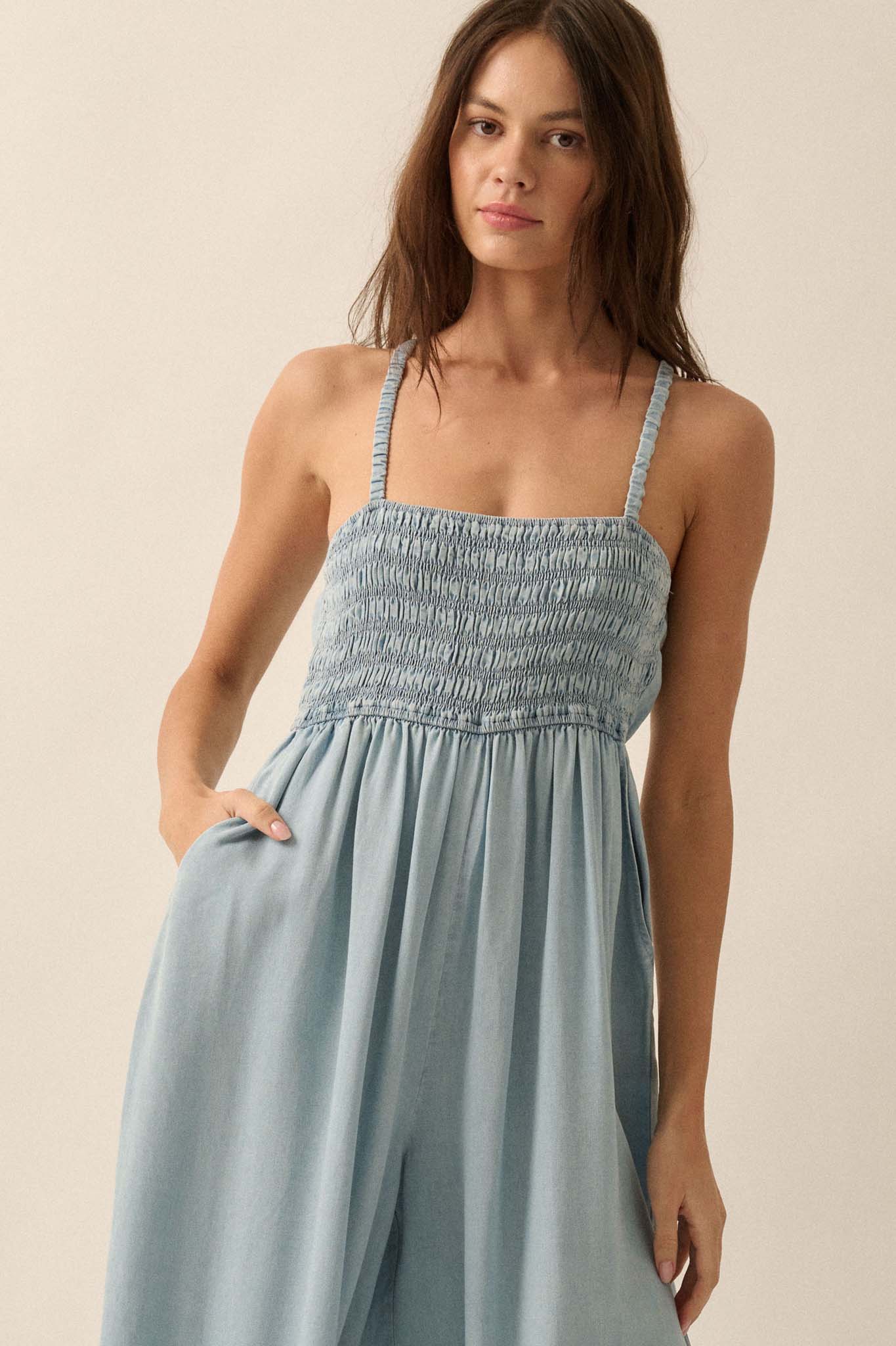 Into the Blue Smocked Denim Wide-Leg Jumpsuit - ShopPromesa