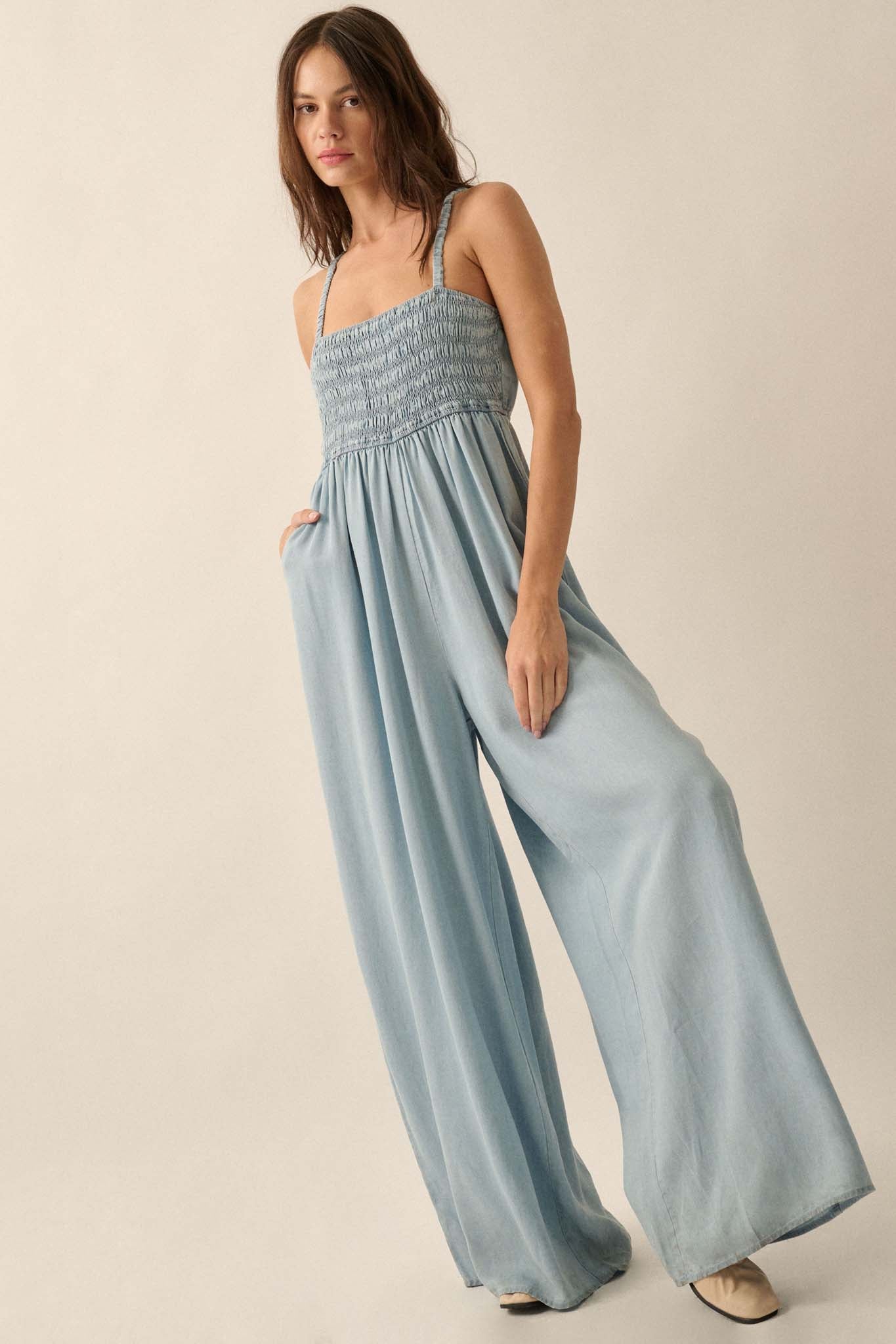 Into the Blue Smocked Denim Wide-Leg Jumpsuit - ShopPromesa