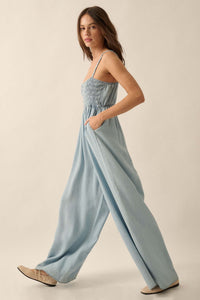 Into the Blue Smocked Denim Wide-Leg Jumpsuit - ShopPromesa