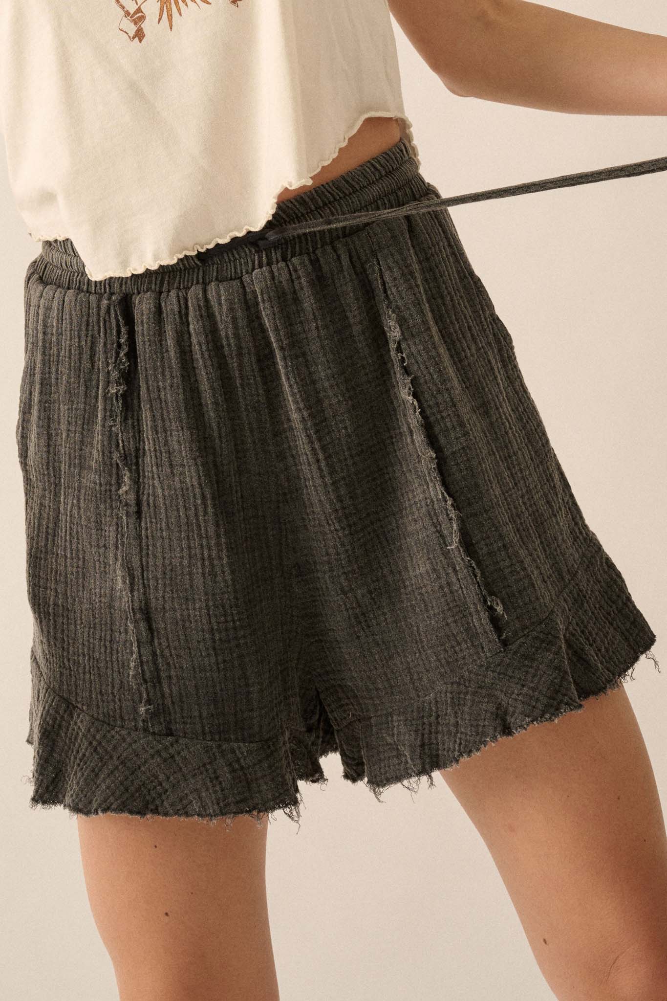 Ruffle and Ready Crinkle Cotton Raw-Edge Shorts - ShopPromesa