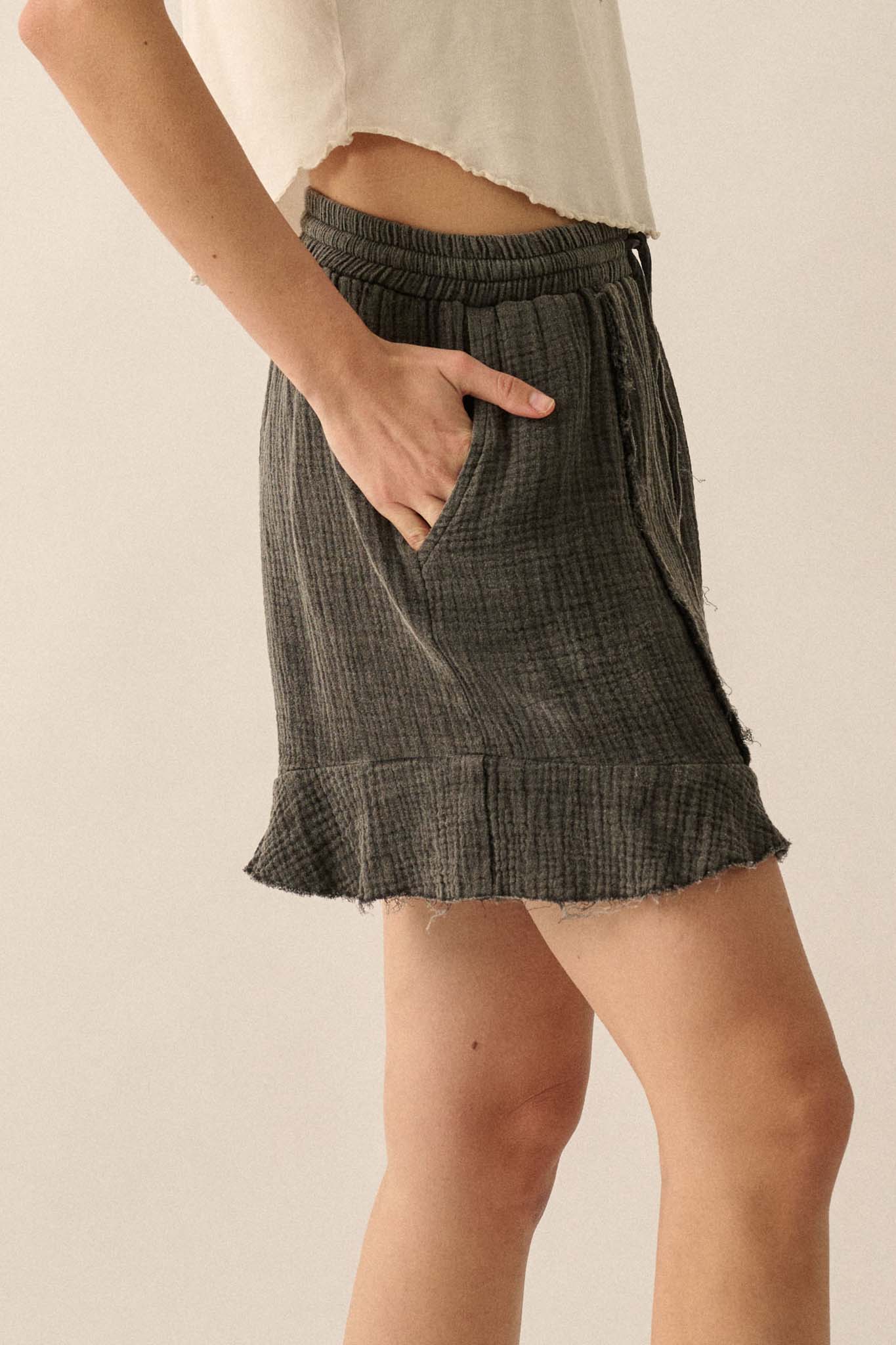 Ruffle and Ready Crinkle Cotton Raw-Edge Shorts - ShopPromesa