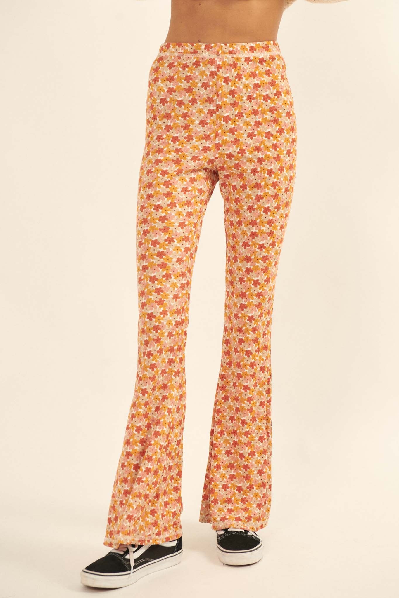 Awesome Blossoms Floral Rib-Knit Flare Pants - ShopPromesa