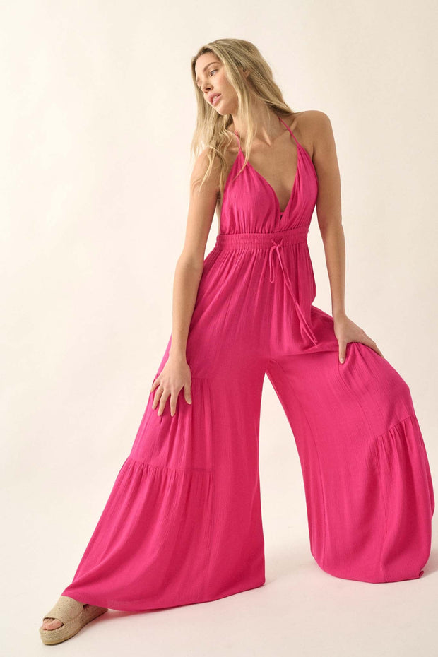 Tier Me Out Tiered Wide-Leg Crepe Halter Jumpsuit - ShopPromesa