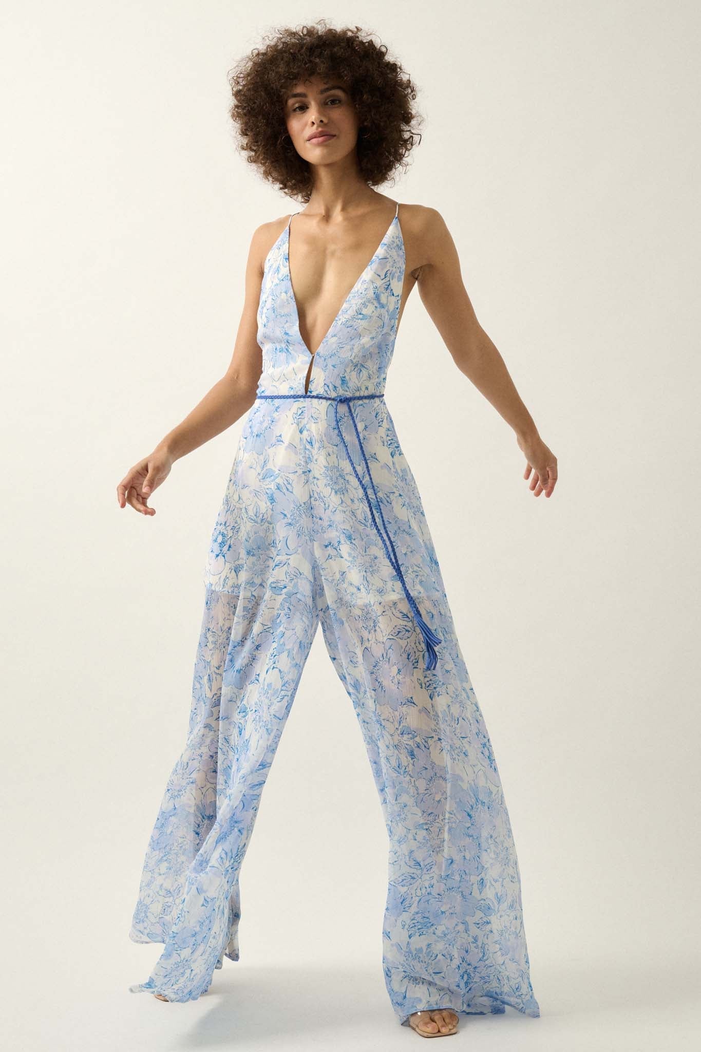 Promesa Sublime Beauty Floral Chiffon Wide Leg Jumpsuit Sunbaked S