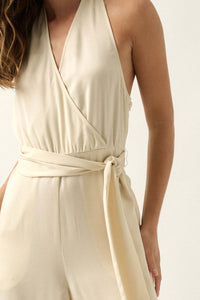 Style Icon Satin Belted Wide-Leg Halter Jumpsuit - ShopPromesa