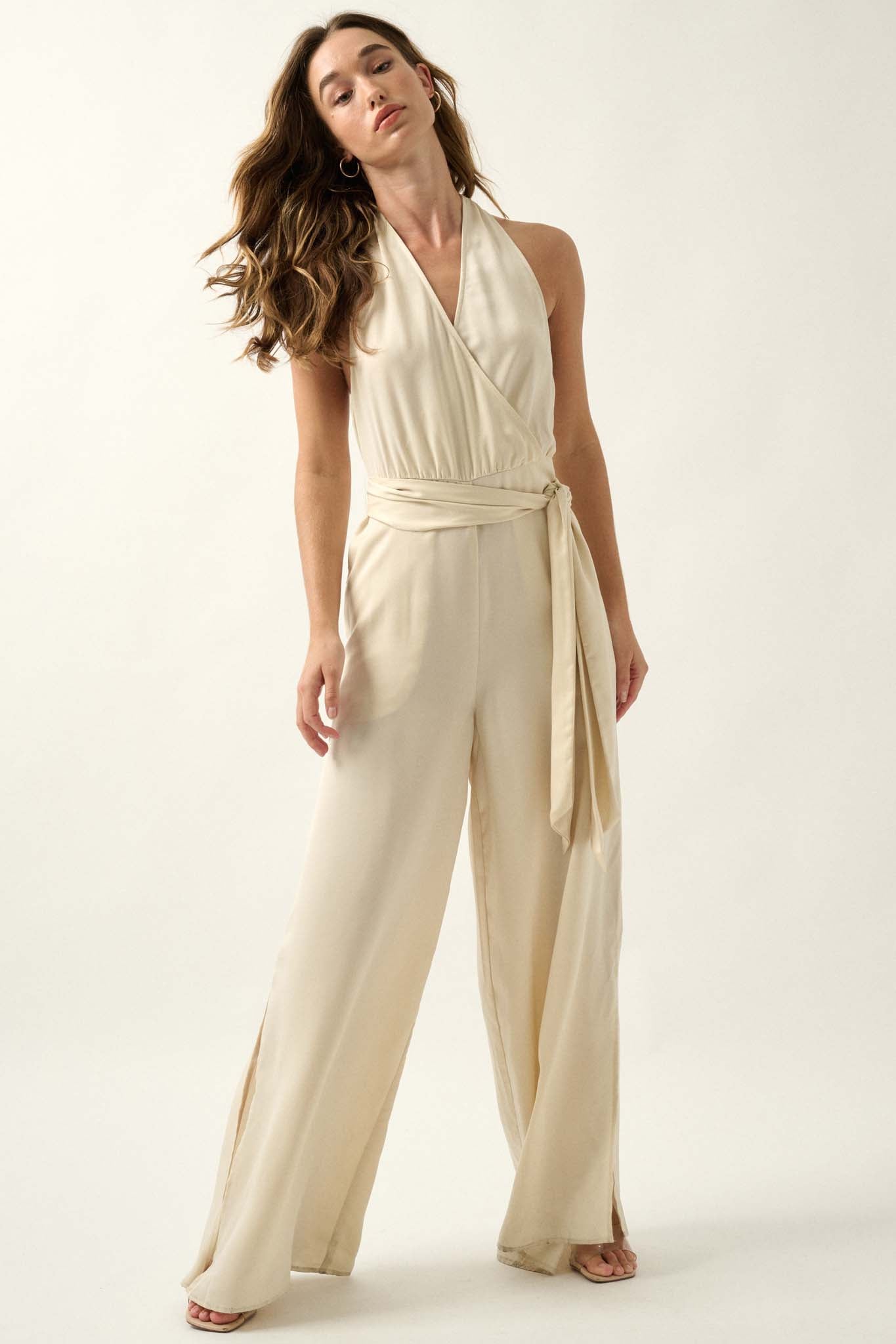 Style Icon Satin Belted Wide-Leg Halter Jumpsuit - ShopPromesa