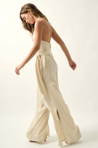 Style Icon Satin Belted Wide-Leg Halter Jumpsuit - ShopPromesa