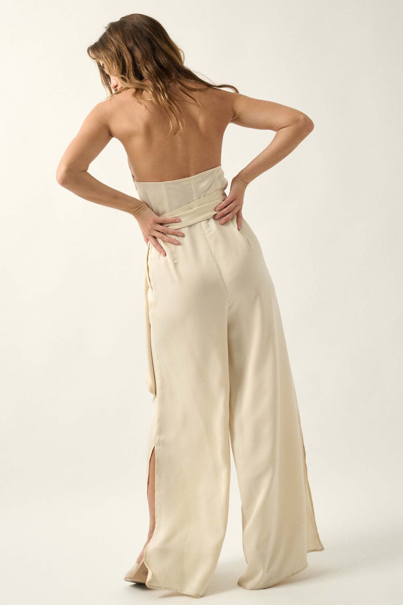 Style Icon Satin Belted Wide-Leg Halter Jumpsuit - ShopPromesa