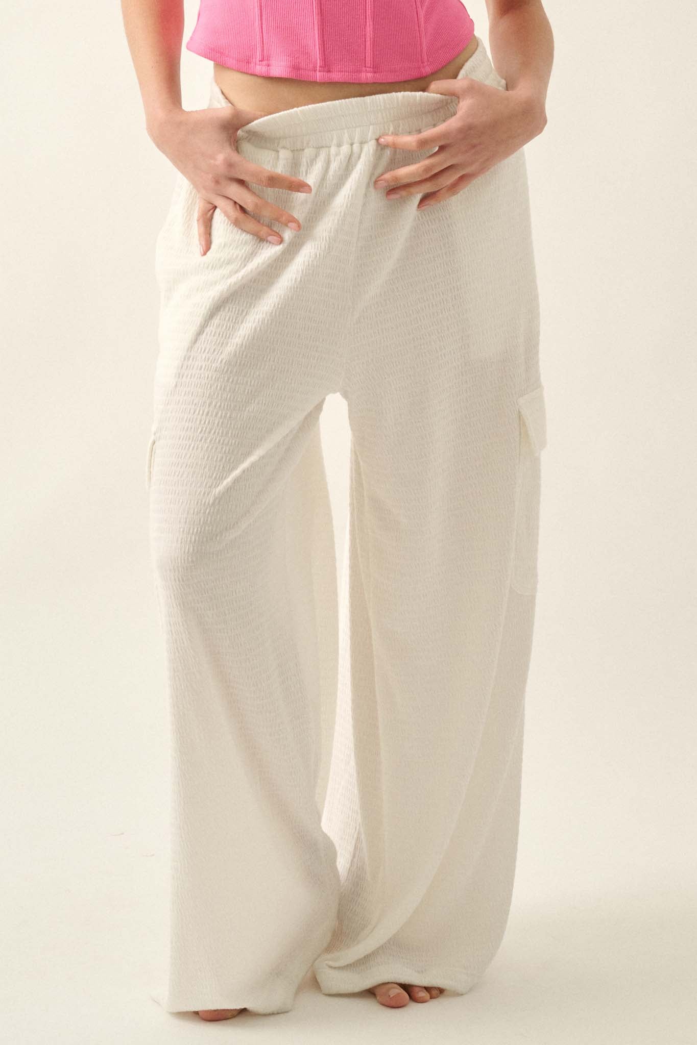 Smocked Jersey Wide-Leg Cargo Lounge Pants - ShopPromesa