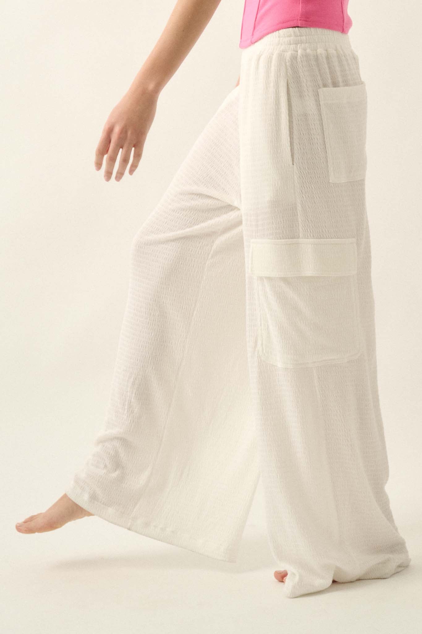 Smocked Jersey Wide-Leg Cargo Lounge Pants - ShopPromesa