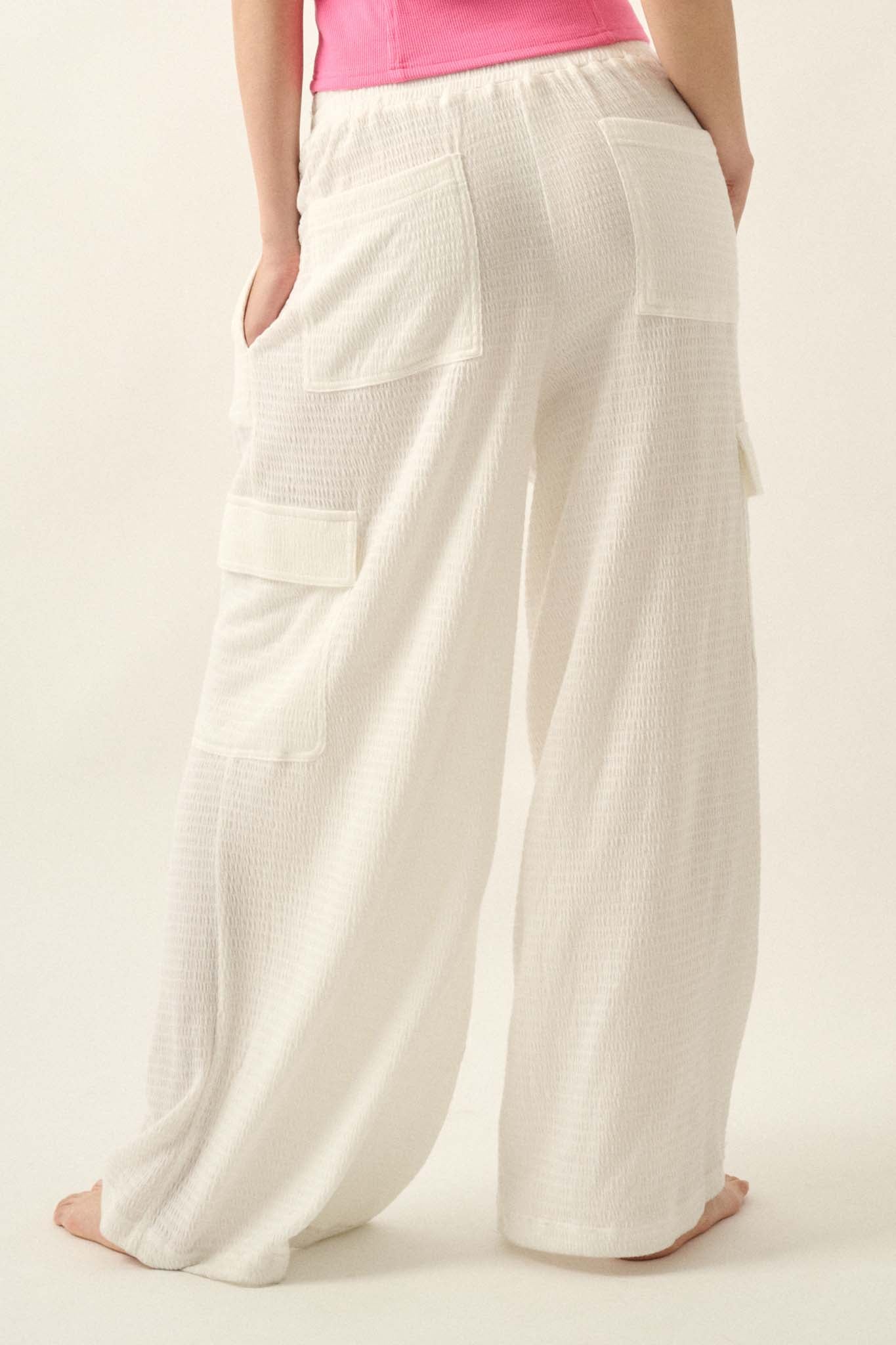 Smocked Jersey Wide-Leg Cargo Lounge Pants - ShopPromesa