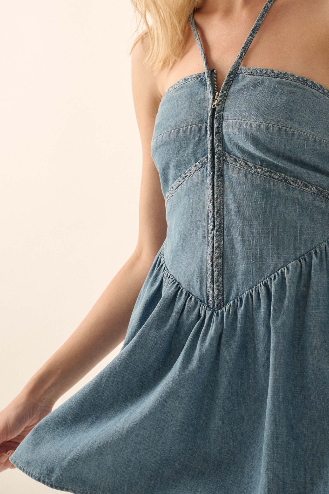 Blue Jean Baby Denim Zip-Up Halter Skort Romper - ShopPromesa