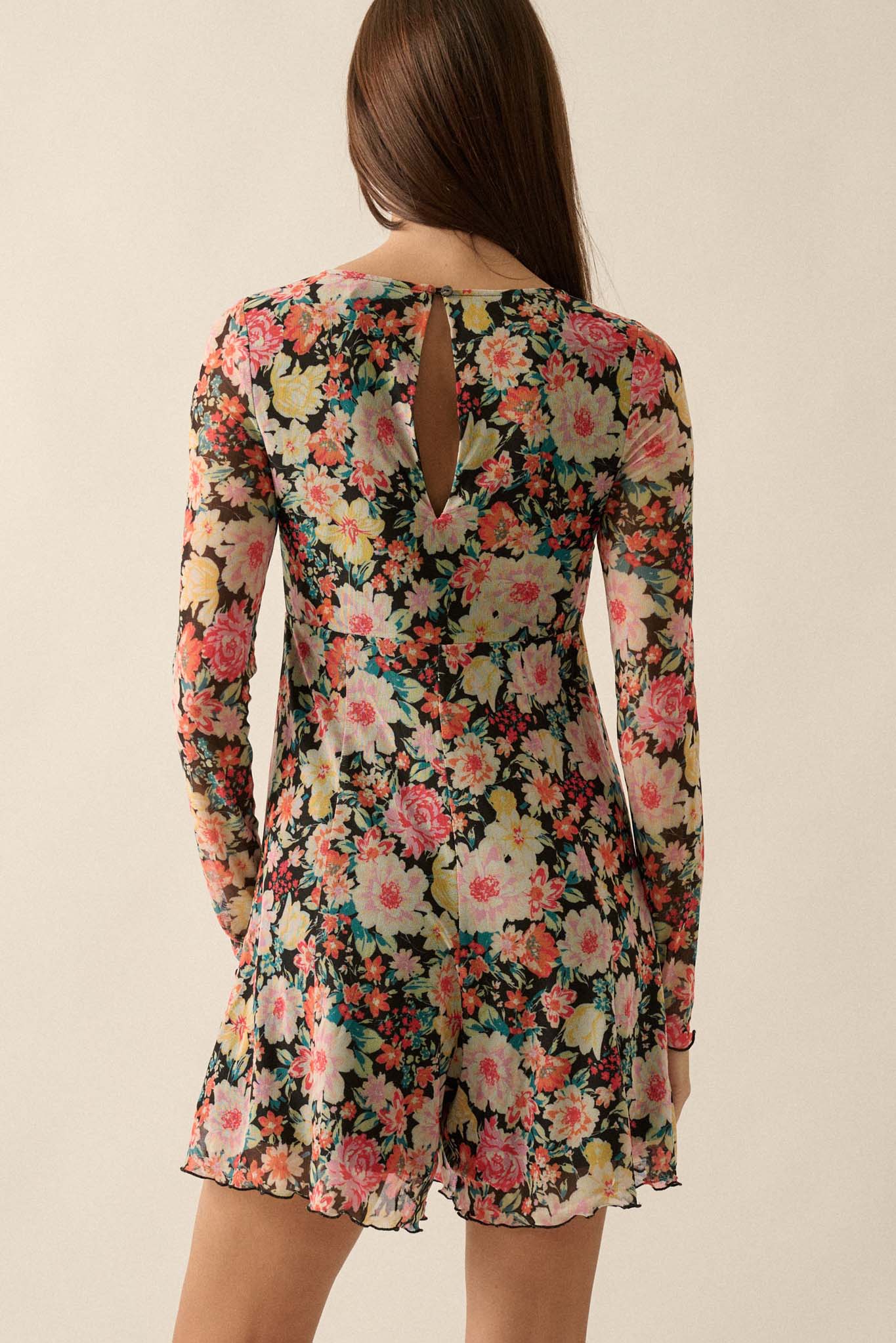 Growing Wild Floral-Print Mesh Long-Sleeve Romper - ShopPromesa