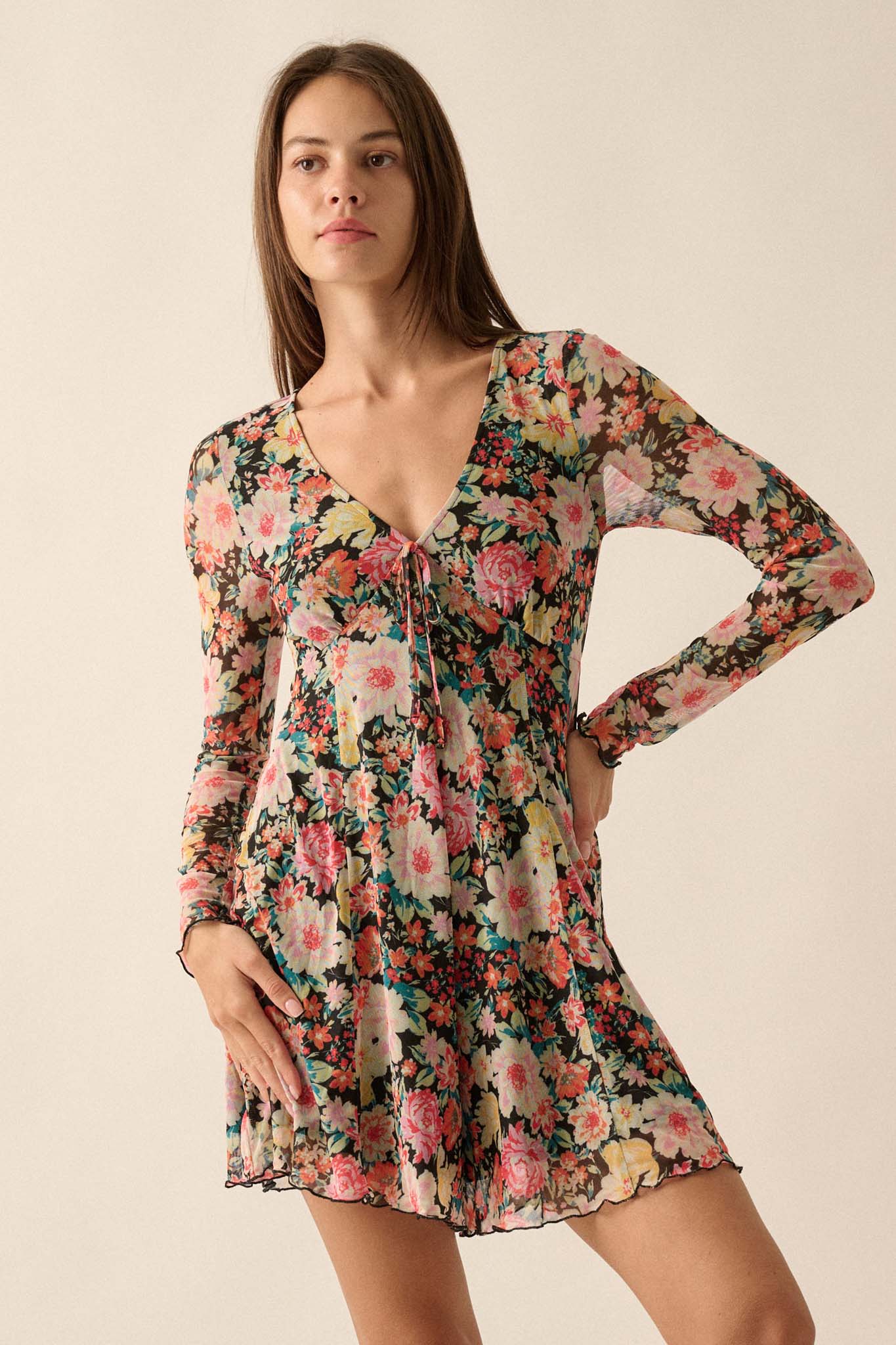 Growing Wild Floral-Print Mesh Long-Sleeve Romper - ShopPromesa