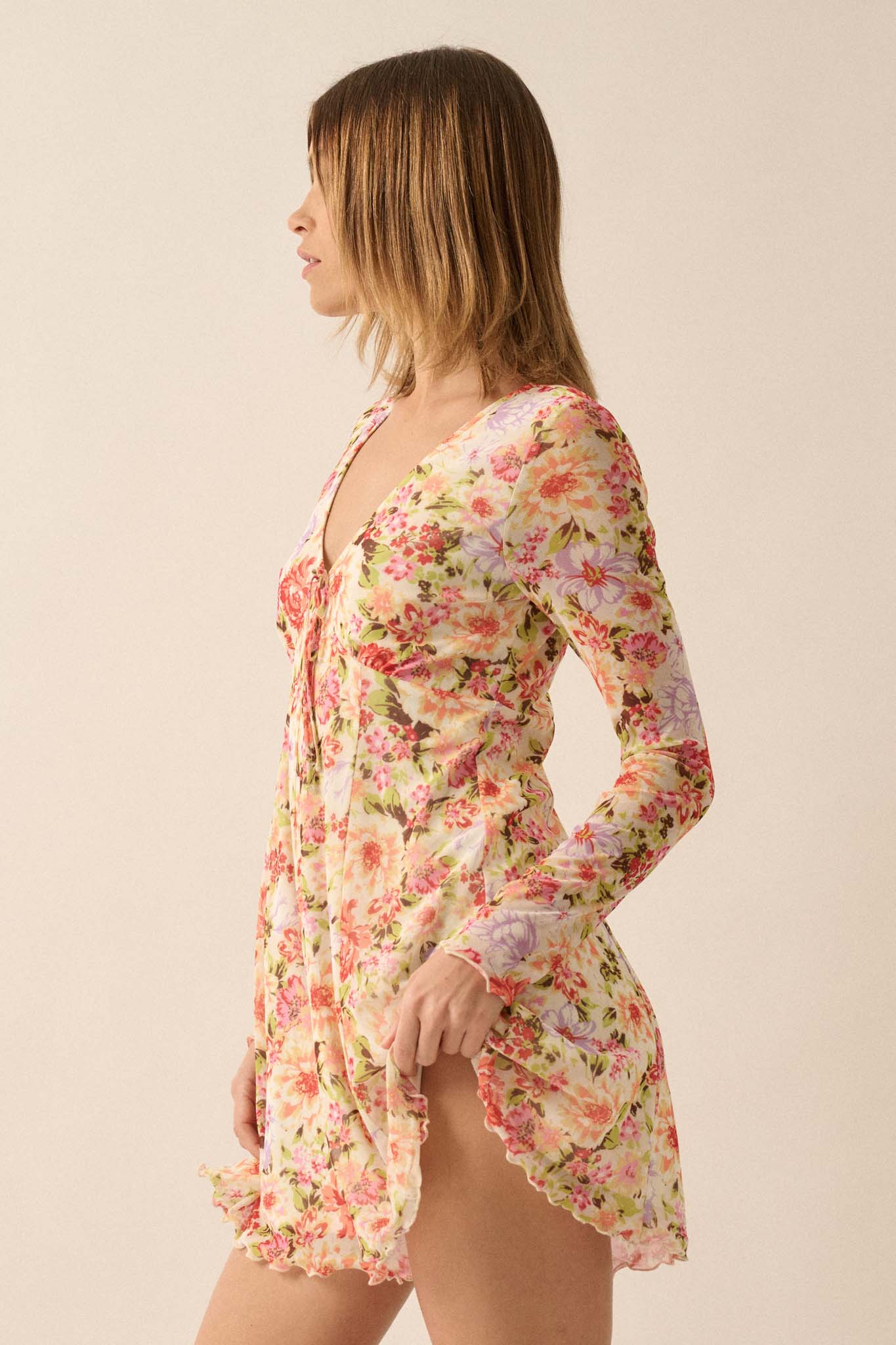 Growing Wild Floral-Print Mesh Long-Sleeve Romper - ShopPromesa