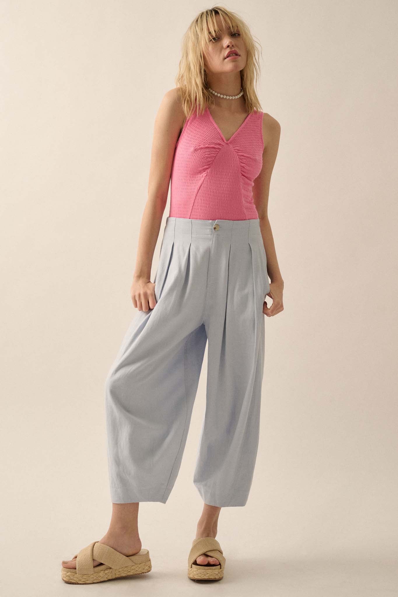 Tide Pool Linen-Blend Cropped Pleated Barrel Pants - ShopPromesa