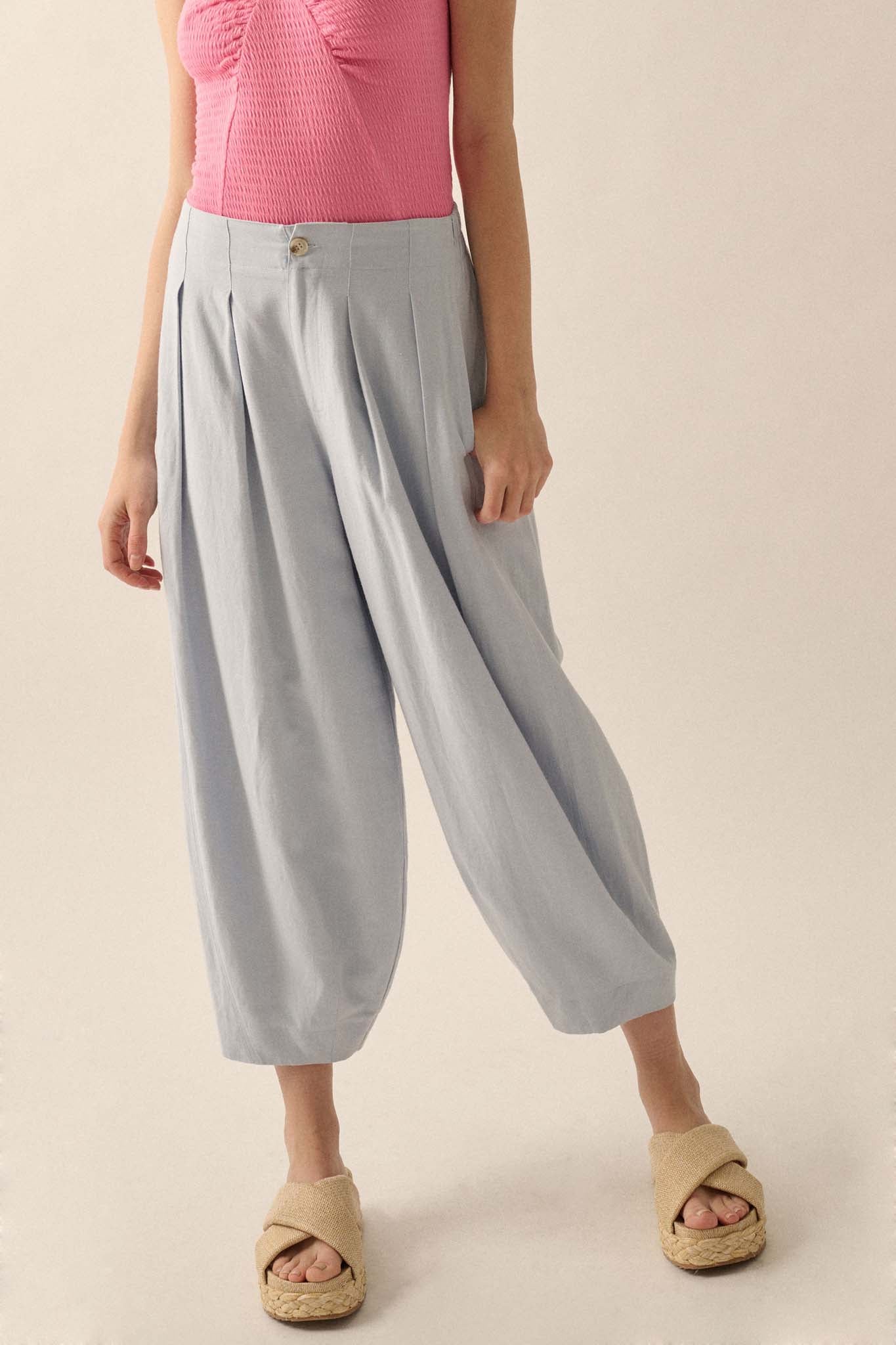 Tide Pool Linen-Blend Cropped Pleated Barrel Pants - ShopPromesa