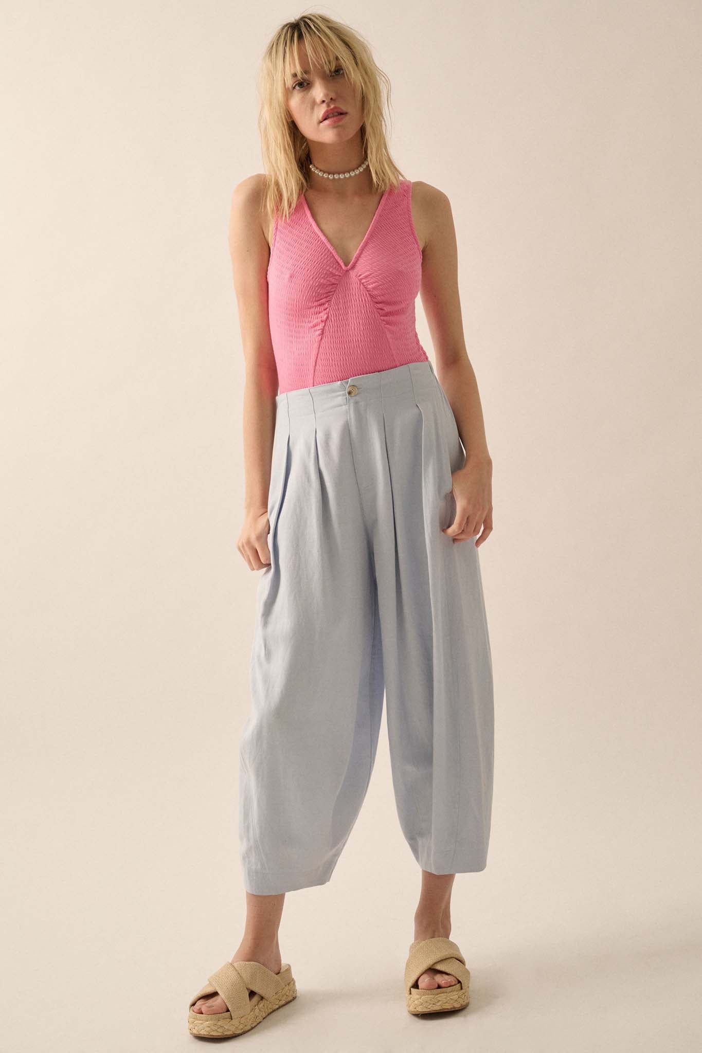 Tide Pool Linen-Blend Cropped Pleated Barrel Pants - ShopPromesa