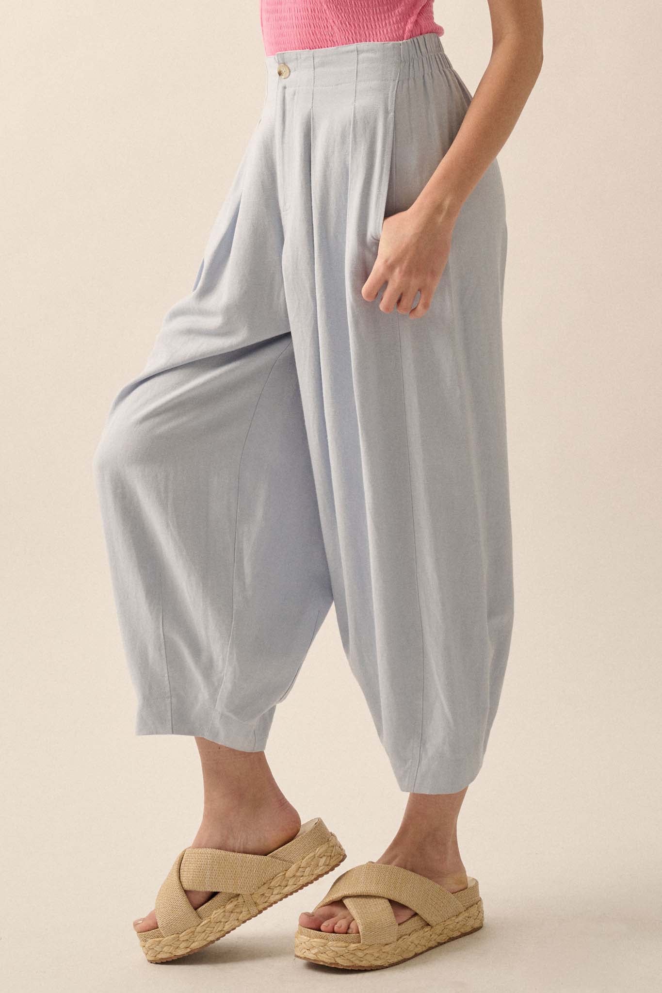 Tide Pool Linen-Blend Cropped Pleated Barrel Pants - ShopPromesa