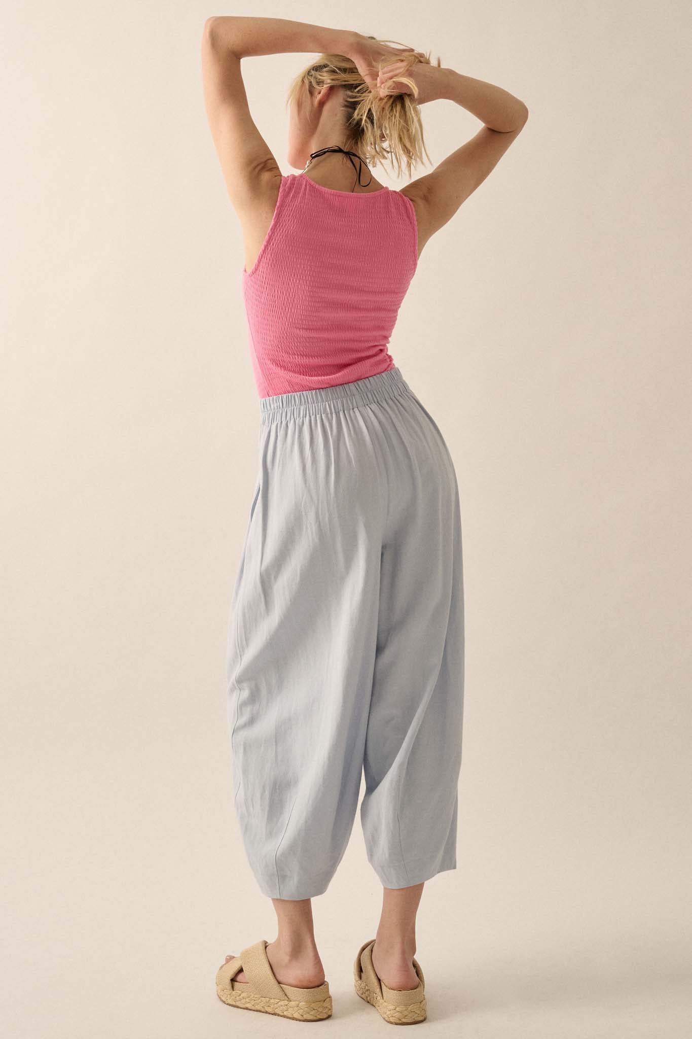 Tide Pool Linen-Blend Cropped Pleated Barrel Pants - ShopPromesa