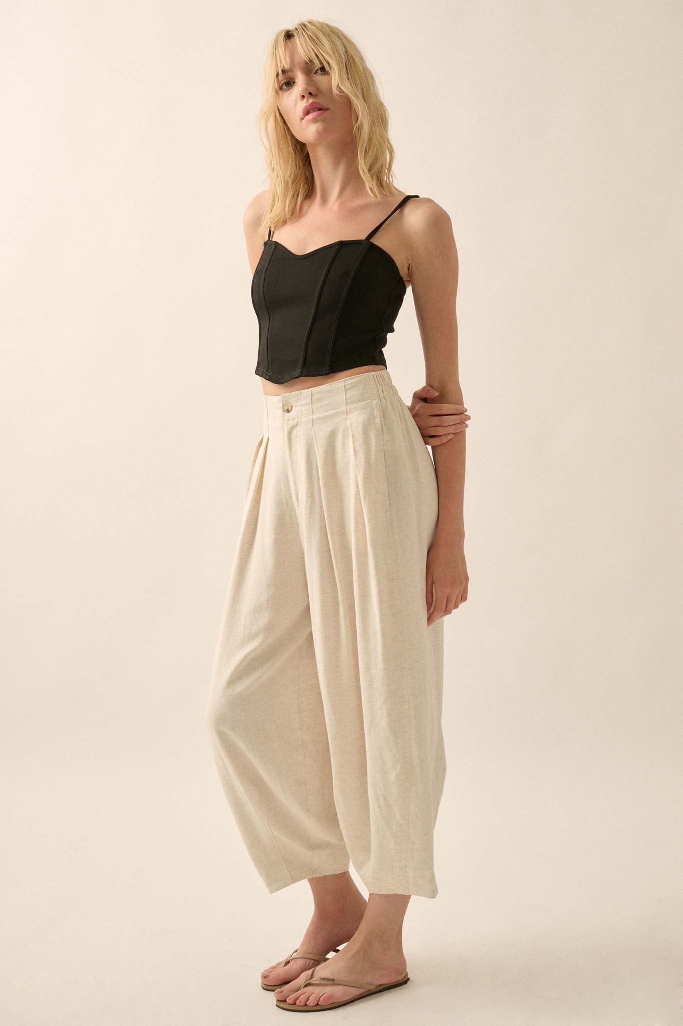 Tide Pool Linen-Blend Cropped Pleated Barrel Pants - ShopPromesa