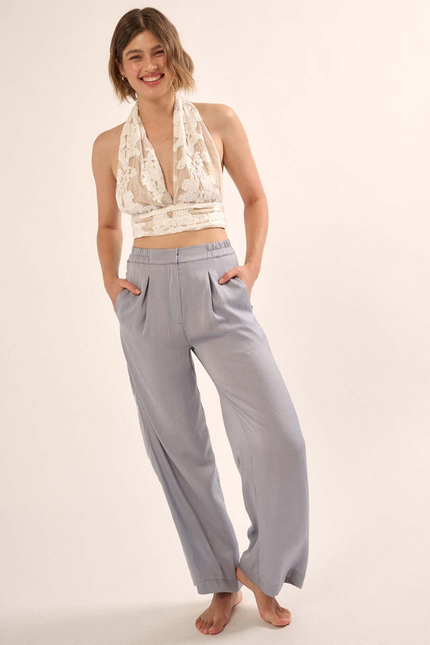 Silk Road Washed Satin Pleated Wide-Leg Pants