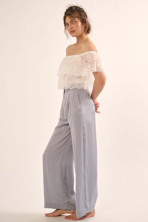 Silk Road Washed Satin Pleated Wide-Leg Pants