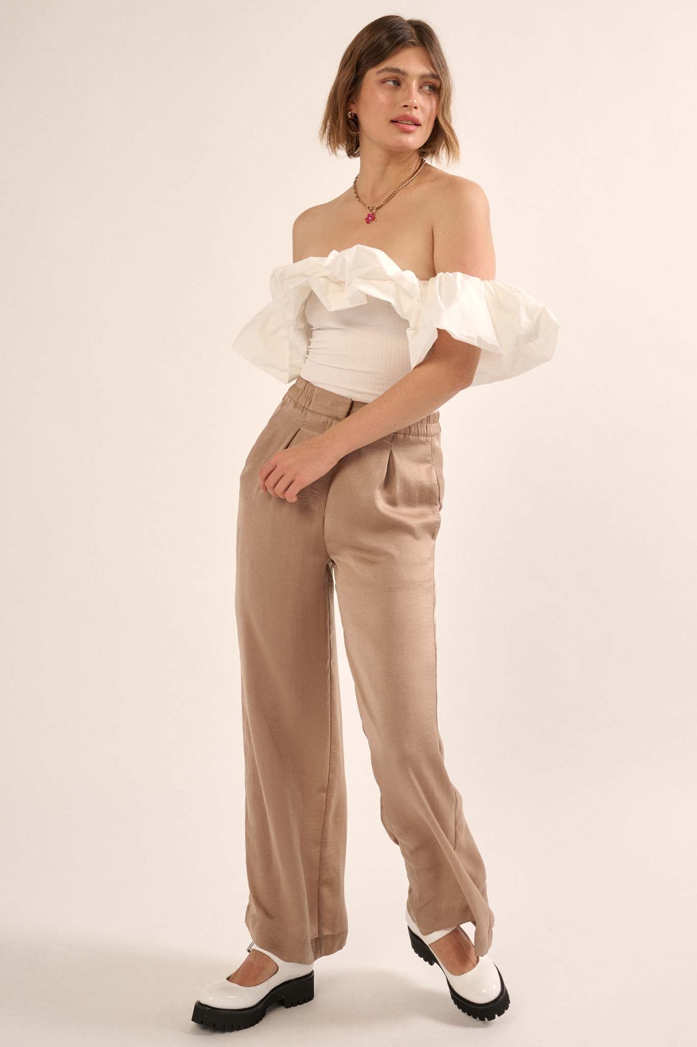 Silk Road Washed Satin Pleated Wide-Leg Pants - ShopPromesa