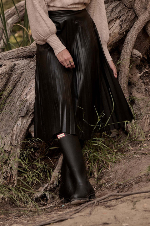 Take Me Out Vegan Leather Pleated Midi Skirt - ShopPromesa