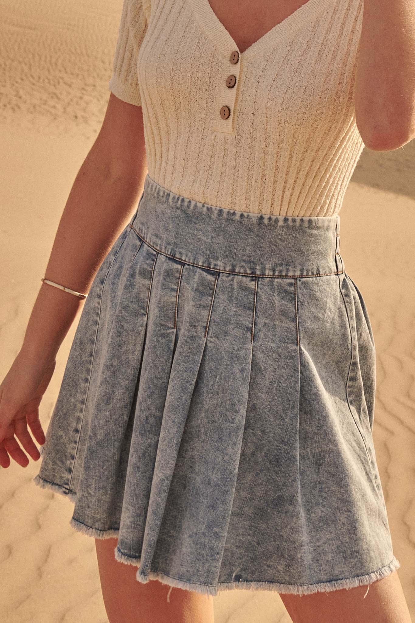 Love All Denim Frayed-Hem Pleated Tennis Skirt - ShopPromesa