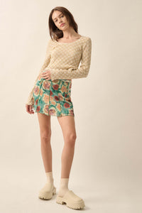 Rose Parade Floral Mesh Exposed-Seam Mini Skirt - ShopPromesa