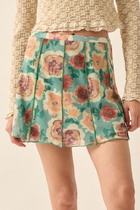 Rose Parade Floral Mesh Exposed-Seam Mini Skirt - ShopPromesa