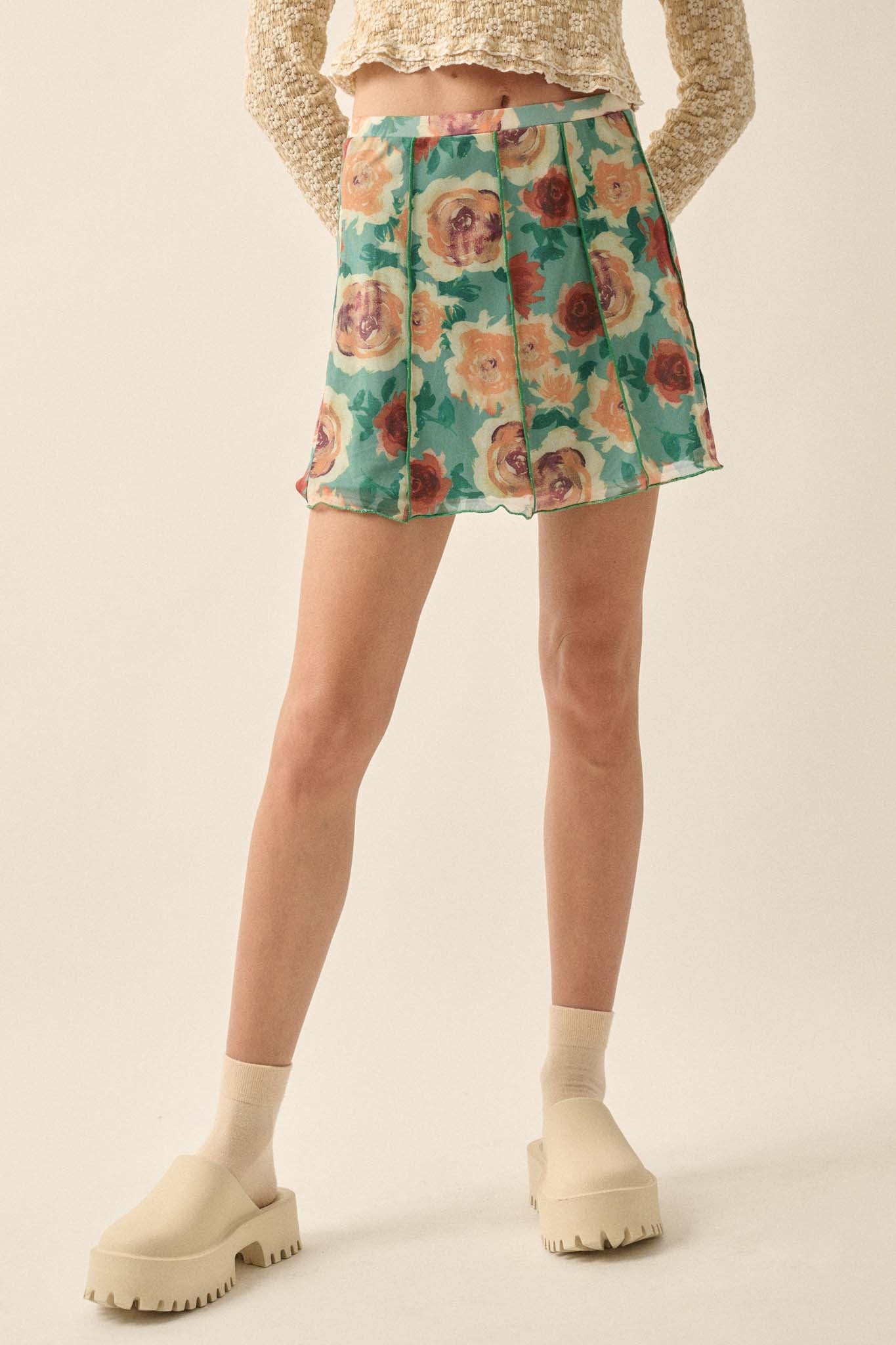 Rose Parade Floral Mesh Exposed-Seam Mini Skirt - ShopPromesa