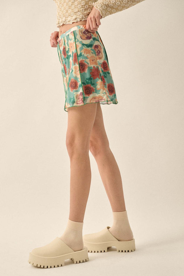 Rose Parade Floral Mesh Exposed-Seam Mini Skirt - ShopPromesa