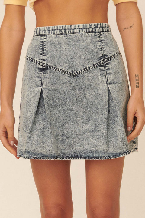Smooth As Stone Denim Pleated A-Line Mini Skirt - ShopPromesa