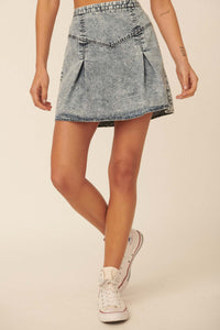 Smooth As Stone Denim Pleated A-Line Mini Skirt - ShopPromesa