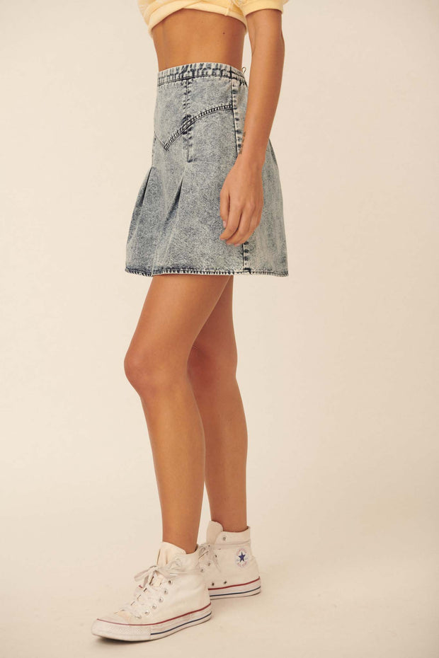 Smooth As Stone Denim Pleated A-Line Mini Skirt - ShopPromesa