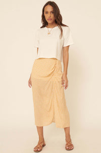 Hello Sunshine Ruched Gingham Midi Skirt - ShopPromesa