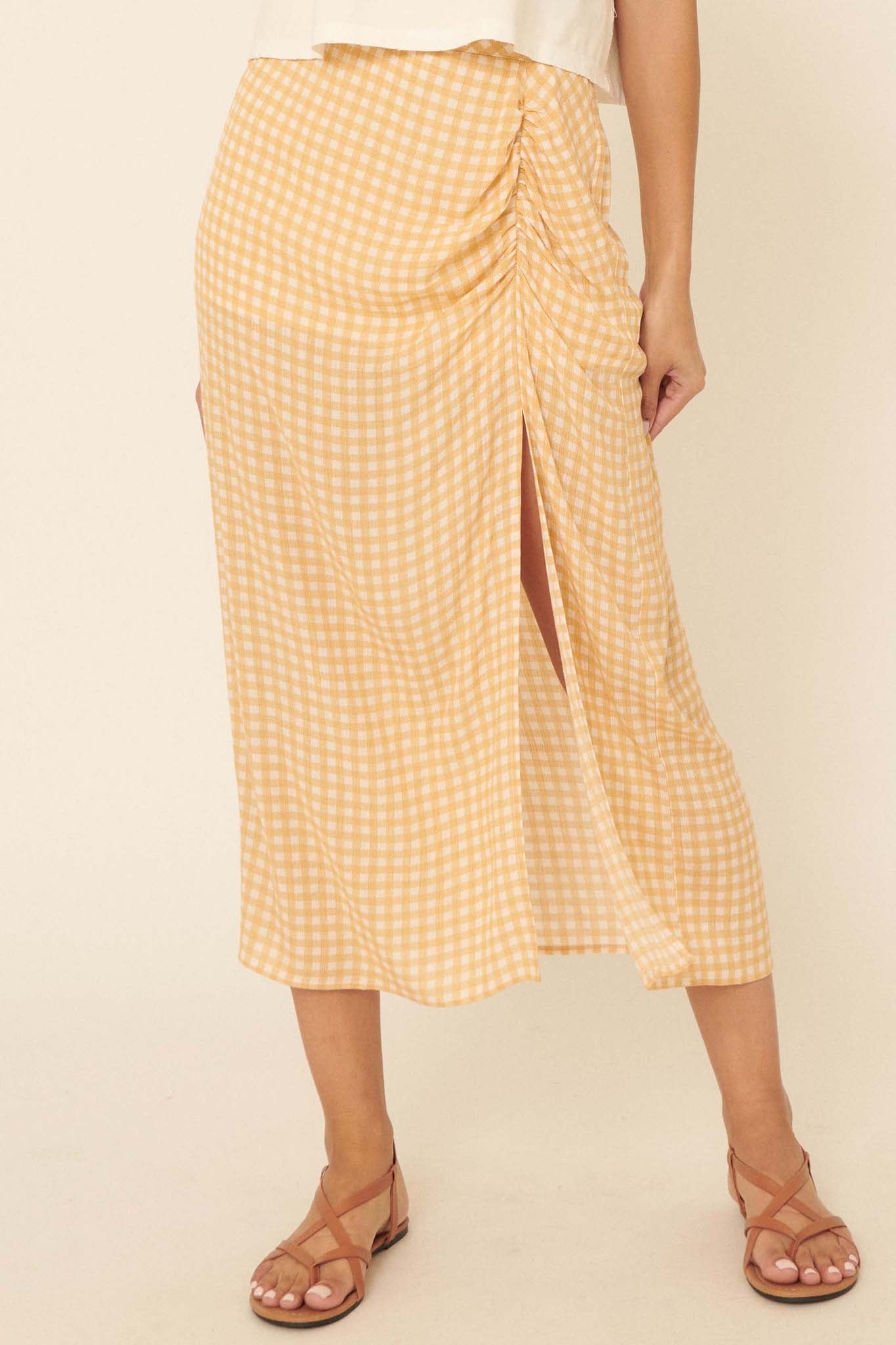 Hello Sunshine Ruched Gingham Midi Skirt - ShopPromesa