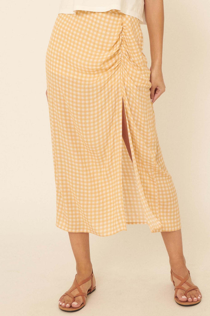 Hello Sunshine Ruched Gingham Midi Skirt - ShopPromesa