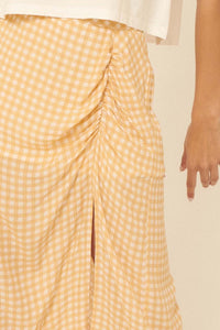 Hello Sunshine Ruched Gingham Midi Skirt - ShopPromesa