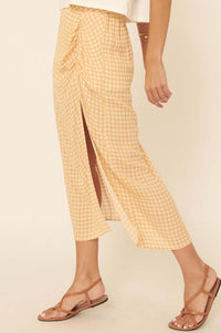 Hello Sunshine Ruched Gingham Midi Skirt - ShopPromesa