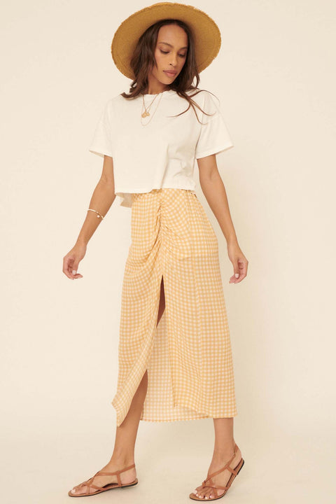 Hello Sunshine Ruched Gingham Midi Skirt - ShopPromesa